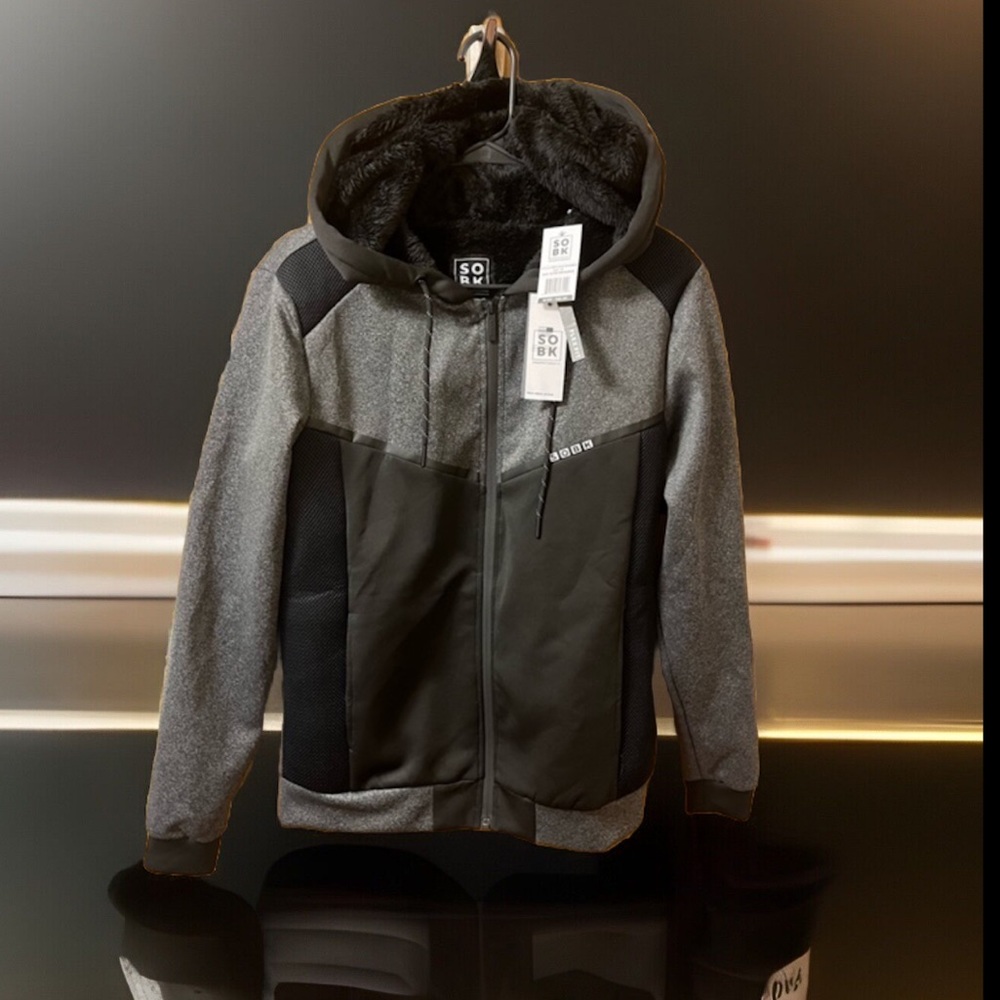 HOODED FUR INTERIOR Flex Fit Front Full Zip Up Grey & Black Heavy Jacket/Coat